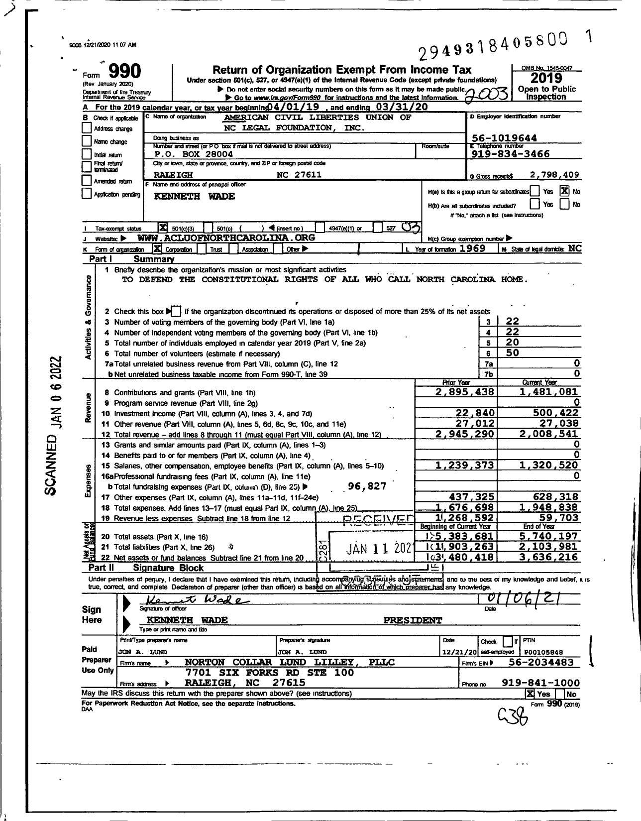 Image of first page of 2019 Form 990 for American Civil Liberties Union of North Carolina Legal Foundation