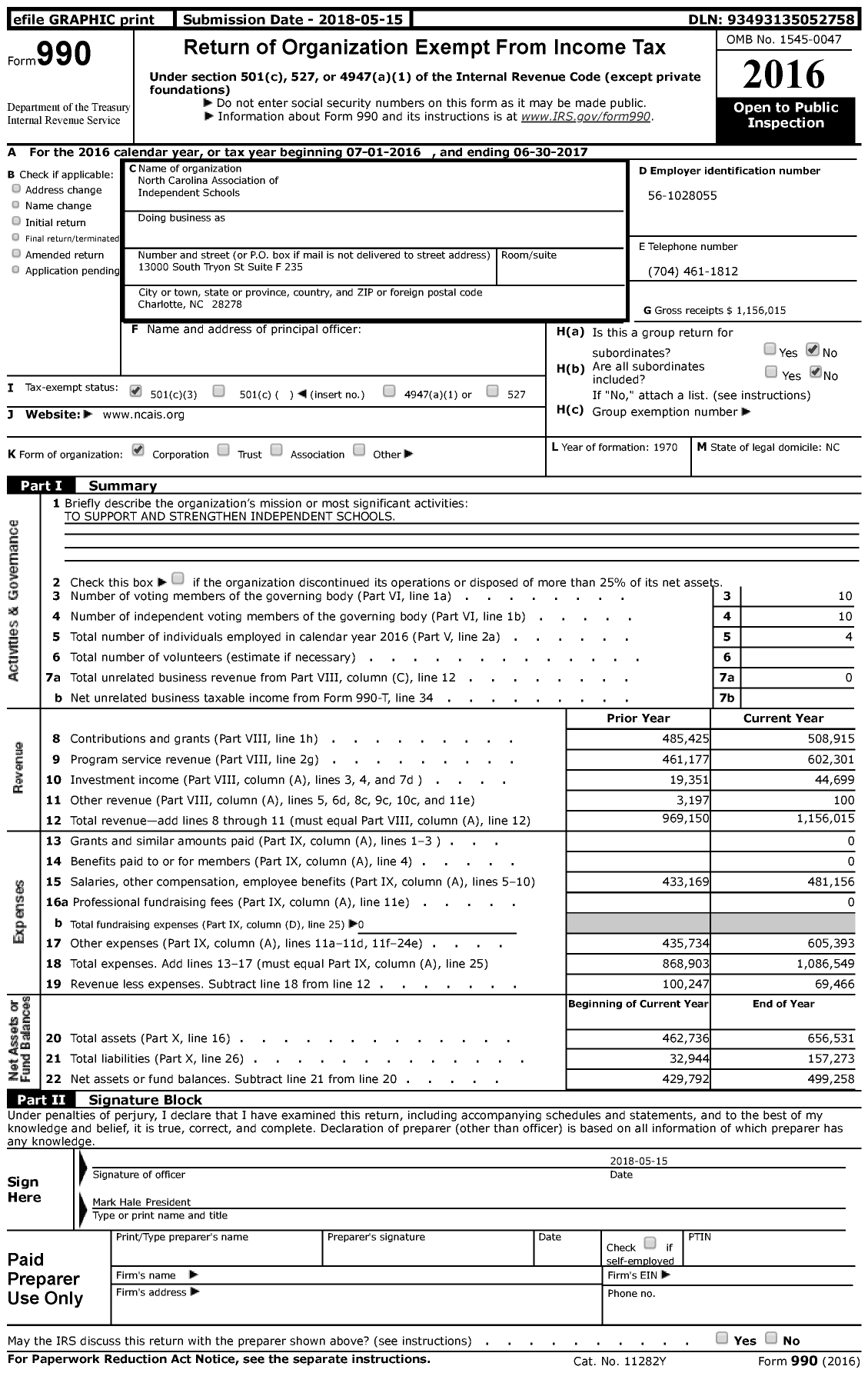 Image of first page of 2016 Form 990 for North Carolina Association of Independent Schools
