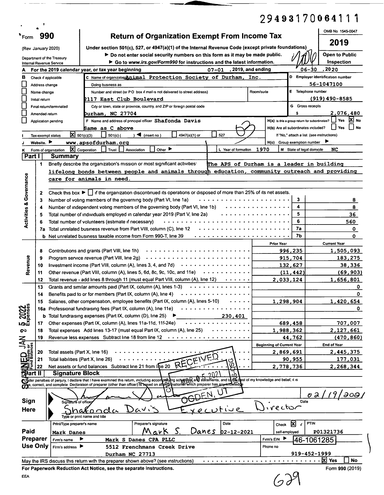 Image of first page of 2019 Form 990 for The Animal Protection Society of Durham