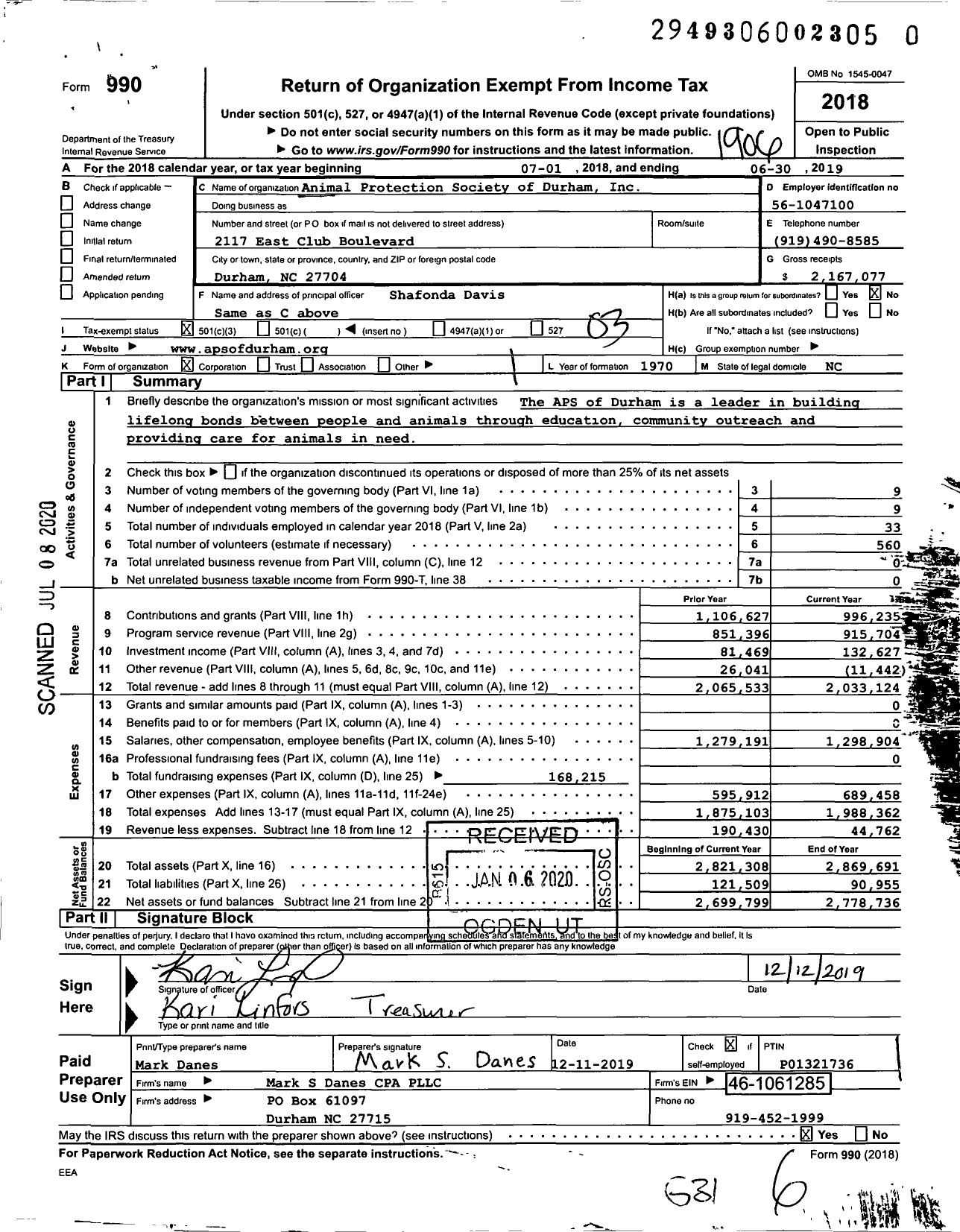 Image of first page of 2018 Form 990 for The Animal Protection Society of Durham