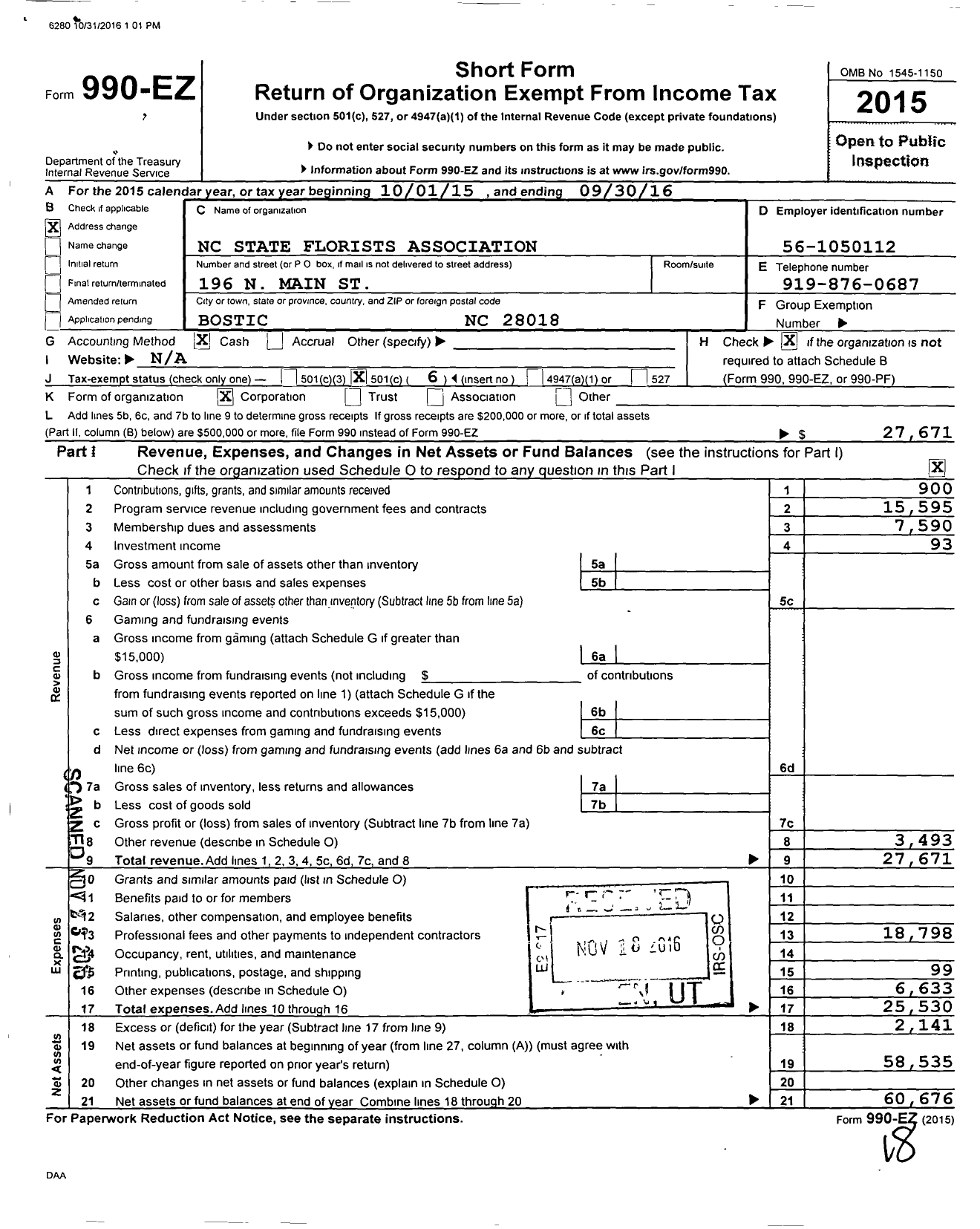 Image of first page of 2015 Form 990EO for North Carolina State Florists Association