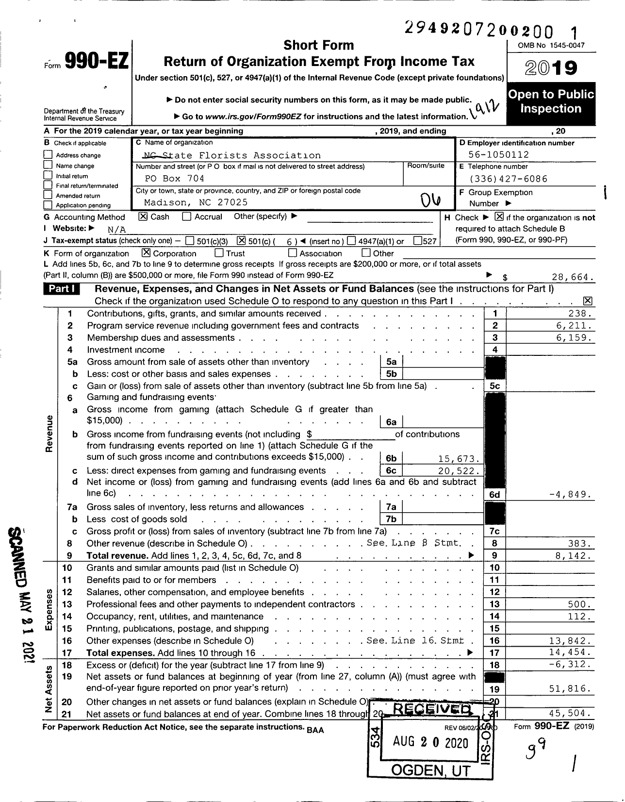 Image of first page of 2019 Form 990EO for North Carolina State Florists Association