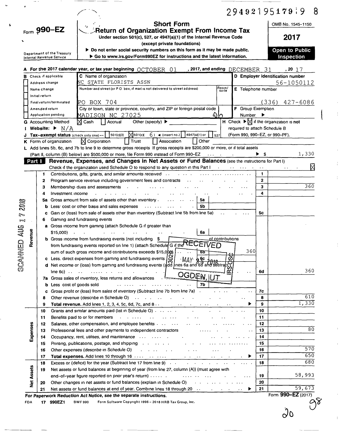 Image of first page of 2017 Form 990EO for North Carolina State Florists Association