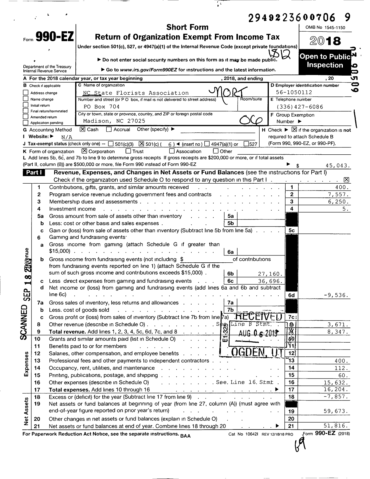 Image of first page of 2018 Form 990EO for North Carolina State Florists Association