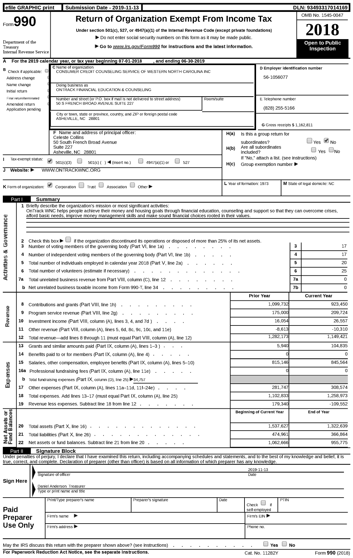 Image of first page of 2018 Form 990 for OnTrack Financial Education & Counseling