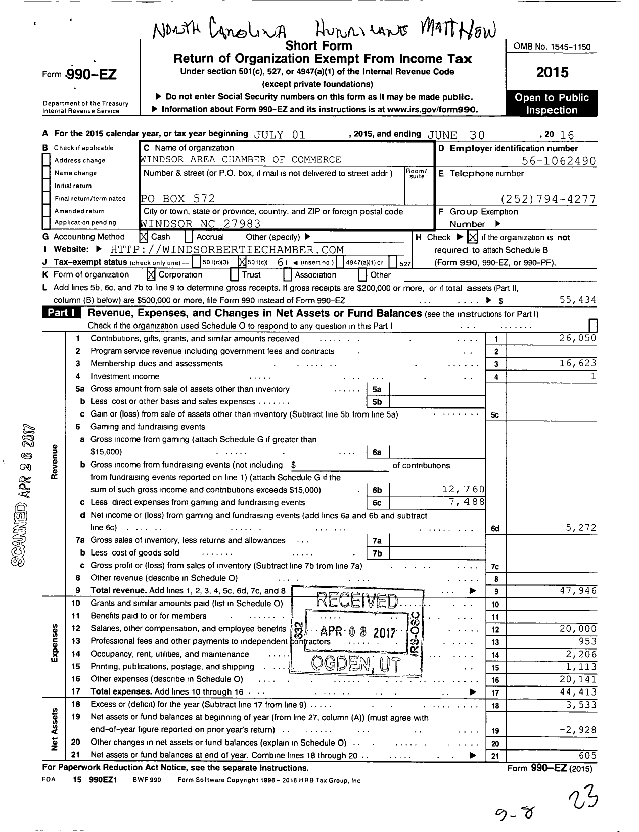 Image of first page of 2015 Form 990EO for Windsor Bertie County Chamber Of Commerce