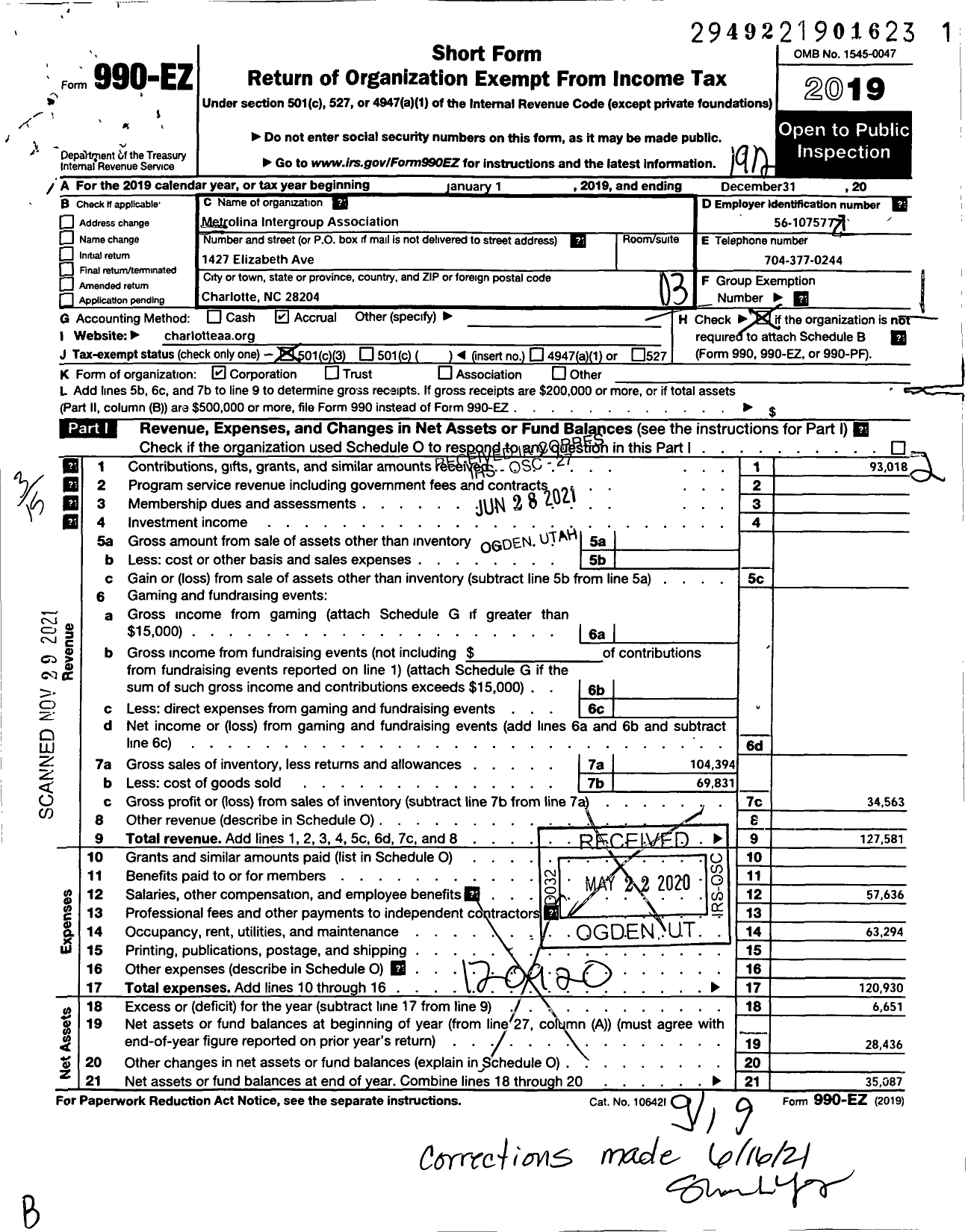 Image of first page of 2019 Form 990EZ for Metrolina Intergroup Association