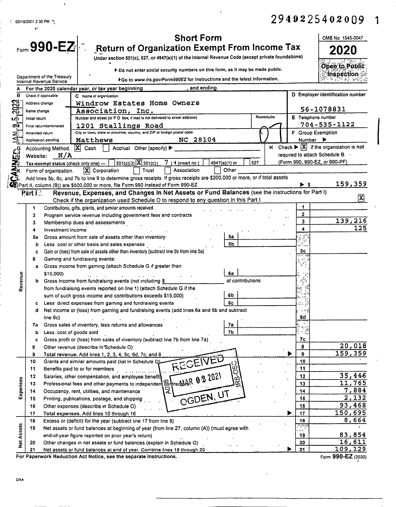 Image of first page of 2020 Form 990EO for Windrow Estates Home Owners