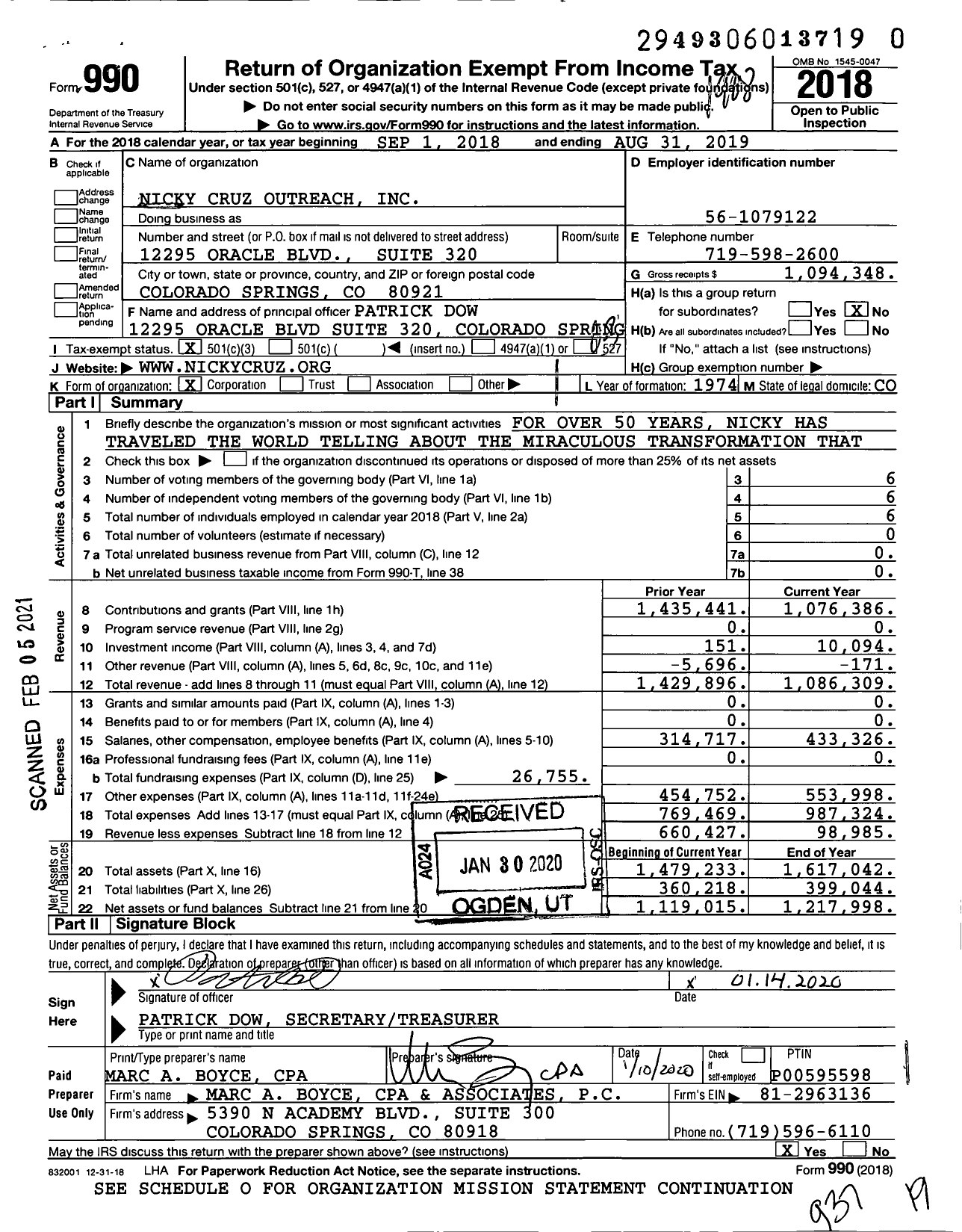 Image of first page of 2018 Form 990 for Nicky Cruz Outreach