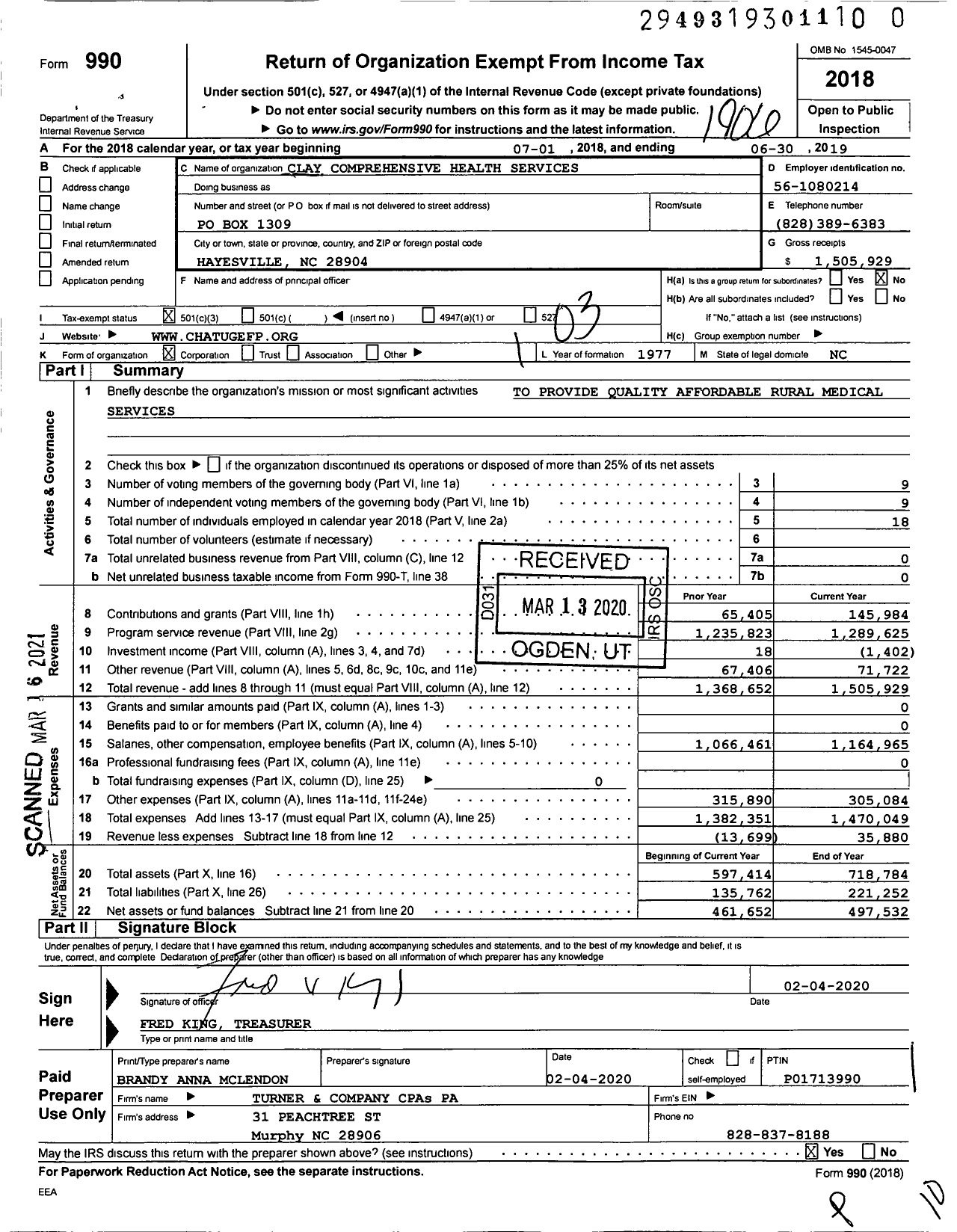 Image of first page of 2018 Form 990 for Clay Comprehensive Health Services