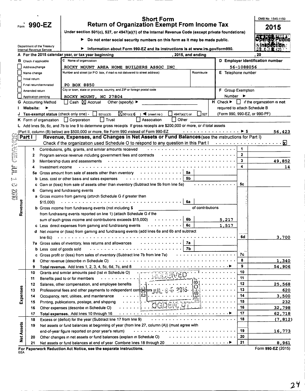 Image of first page of 2015 Form 990EO for Rocky Mount Area Home Builders Association