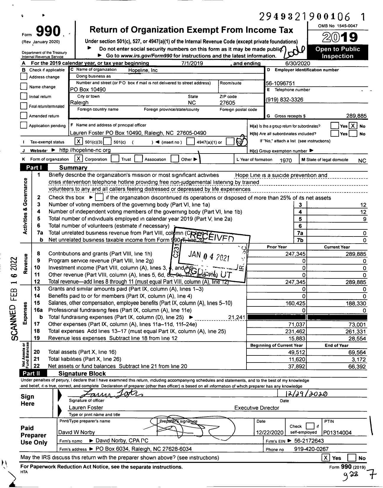 Image of first page of 2019 Form 990 for Hopeline