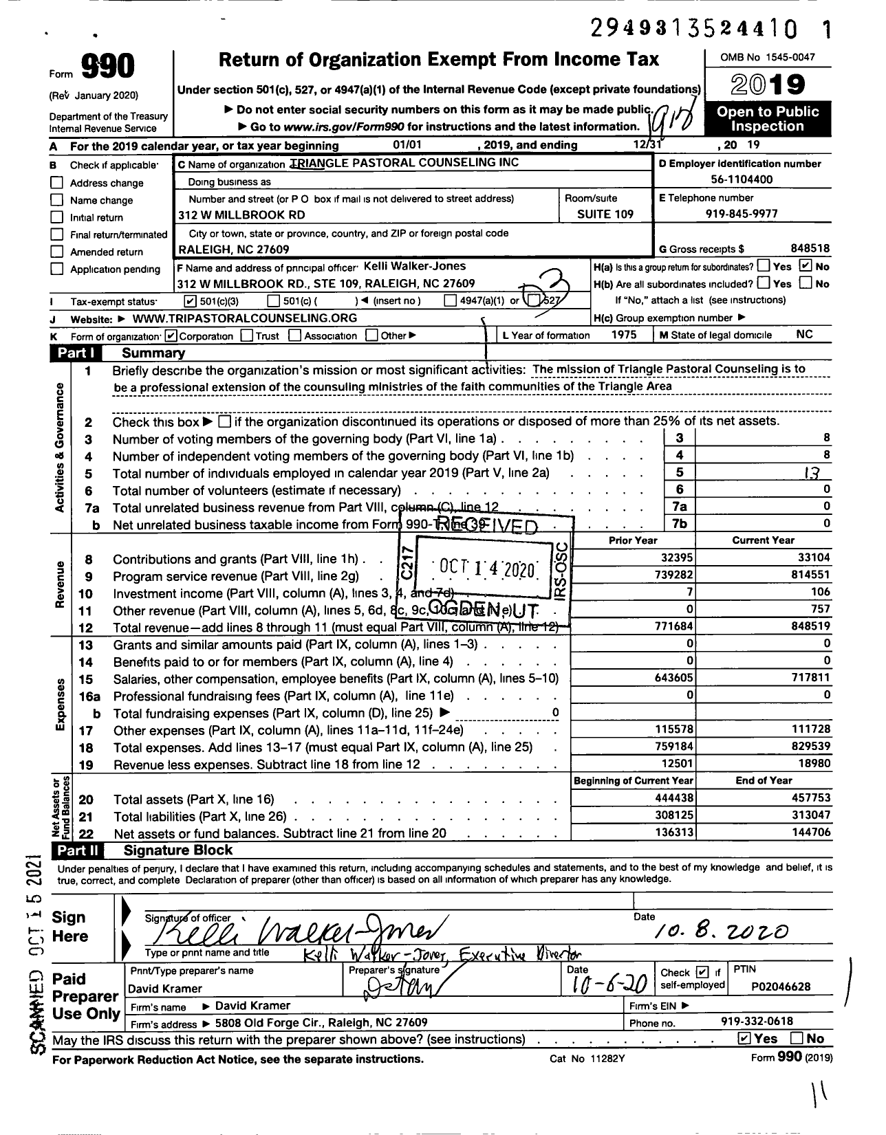 Image of first page of 2019 Form 990 for Triangle Pastoral Counseling