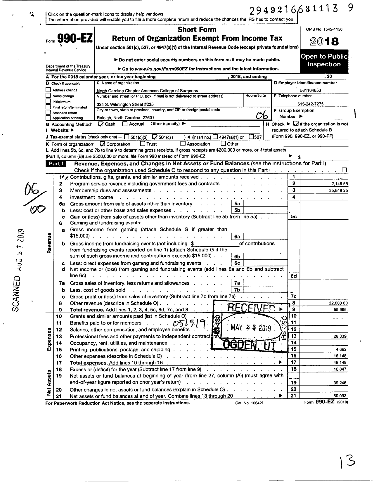 Image of first page of 2018 Form 990EO for NC Chapter American College of Surgeons