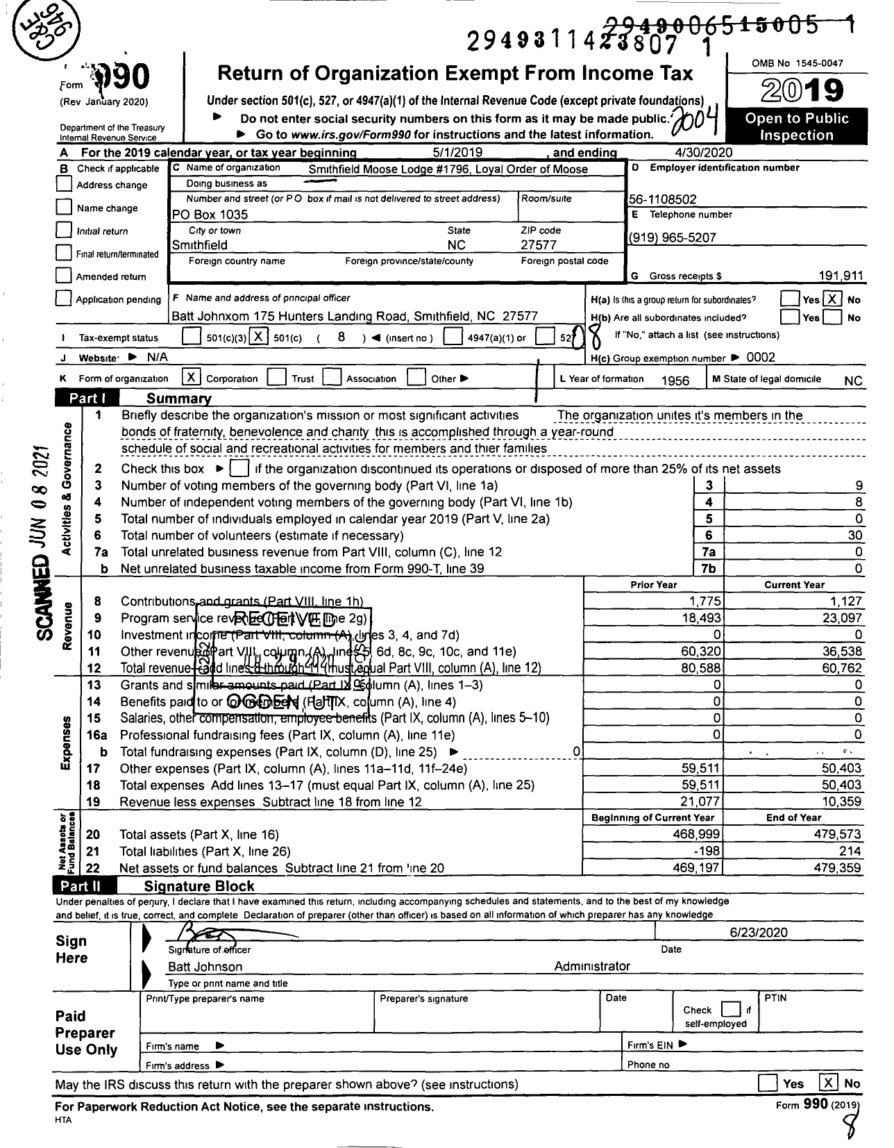 Image of first page of 2019 Form 990O for Loyal Order of Moose - 1796