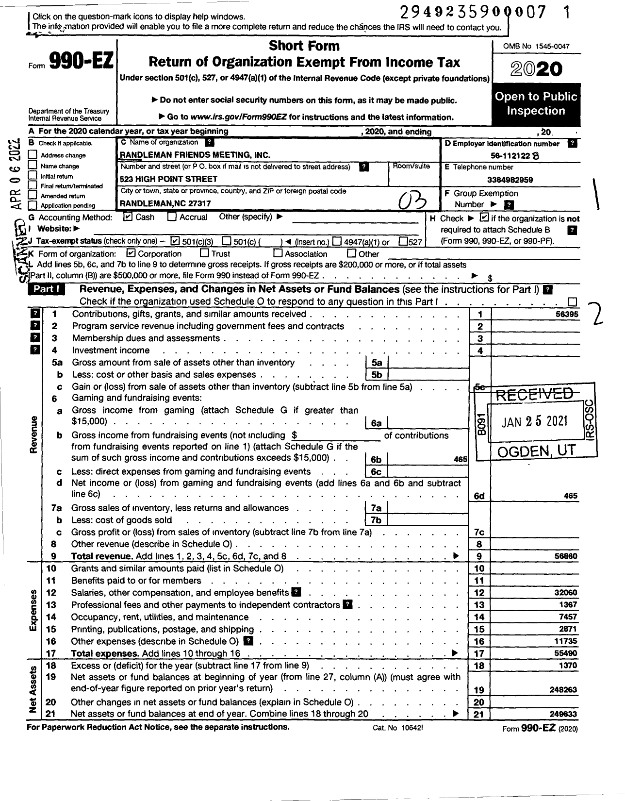 Image of first page of 2020 Form 990EZ for Randleman Friends Meeting