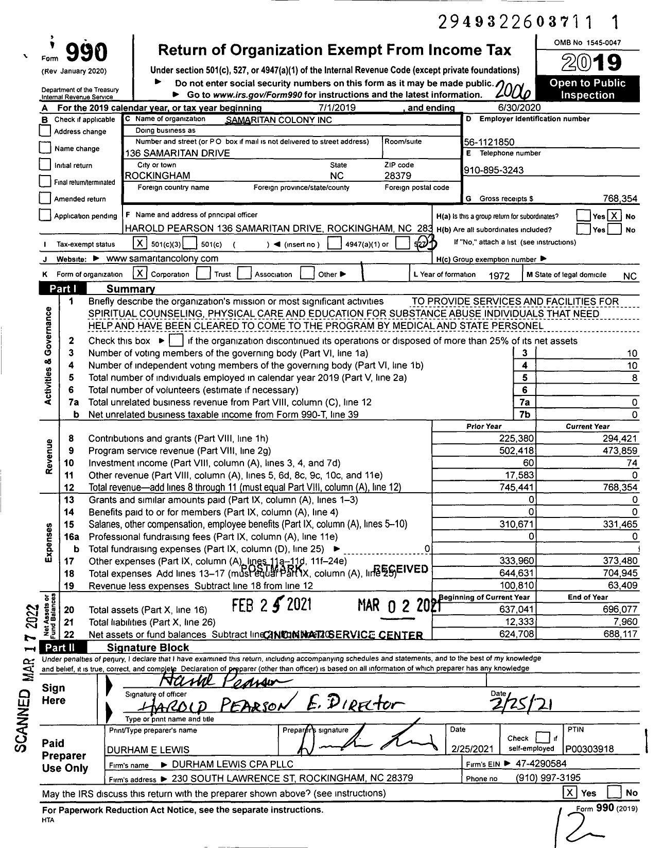 Image of first page of 2019 Form 990 for Samaritan Colony