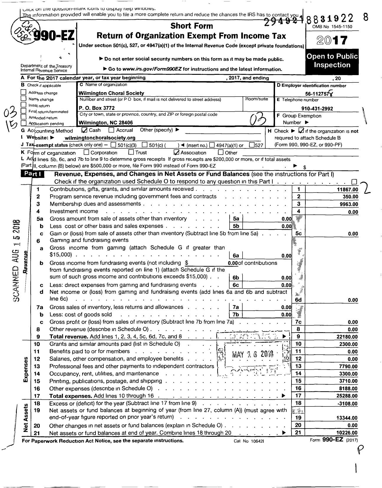 Image of first page of 2017 Form 990EZ for Wilmington Choral Society