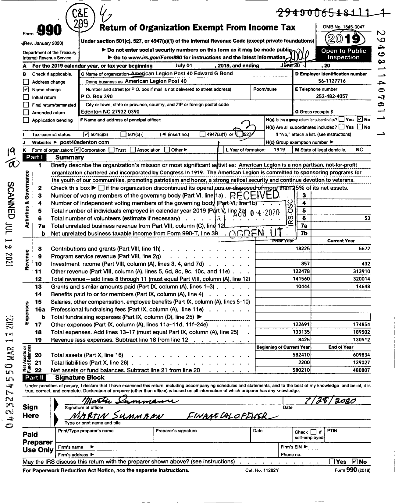 Image of first page of 2019 Form 990 for American Legion - American Legion 40 Edward G Bond