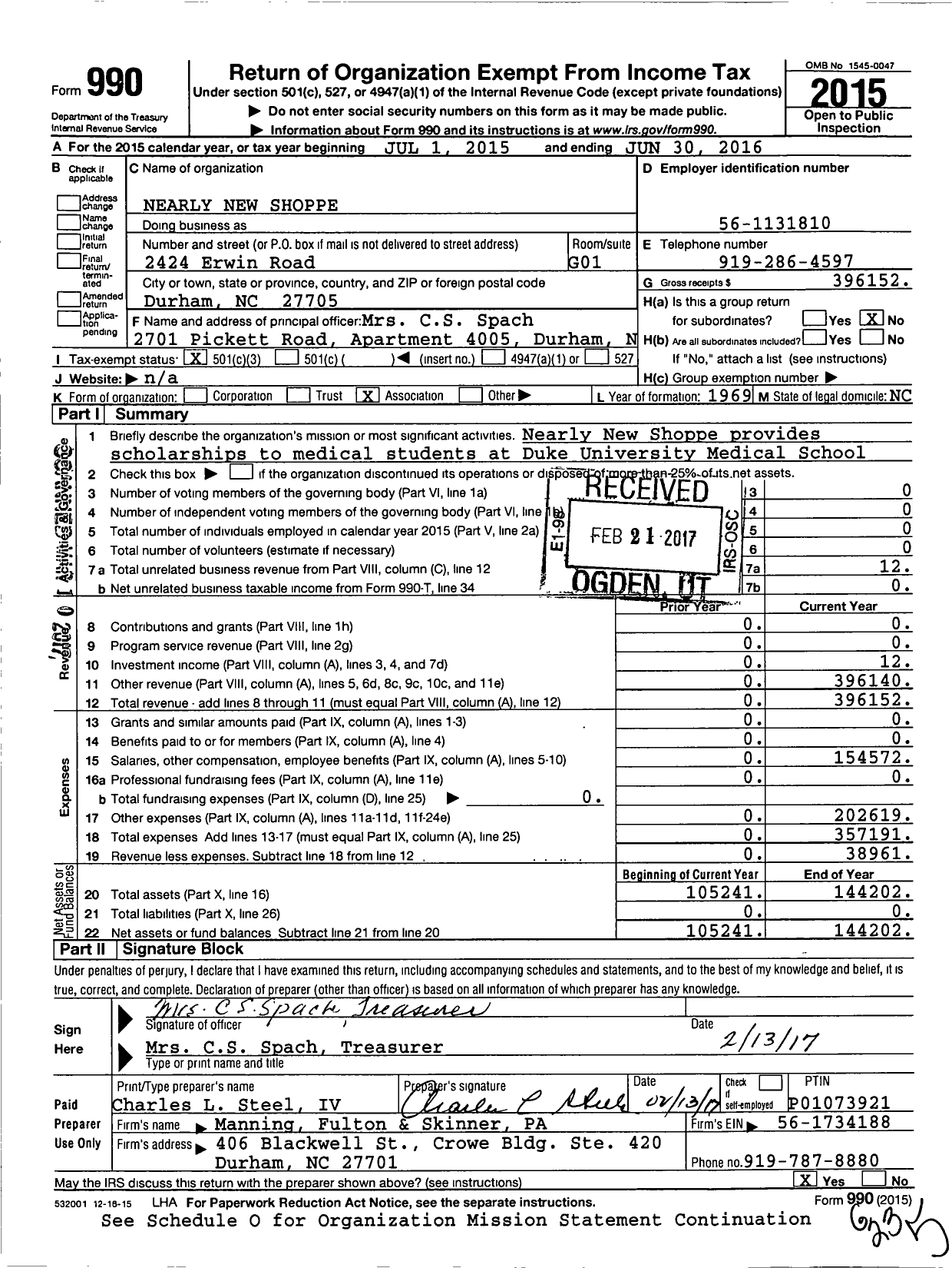 Image of first page of 2015 Form 990 for Nearly New Shoppe