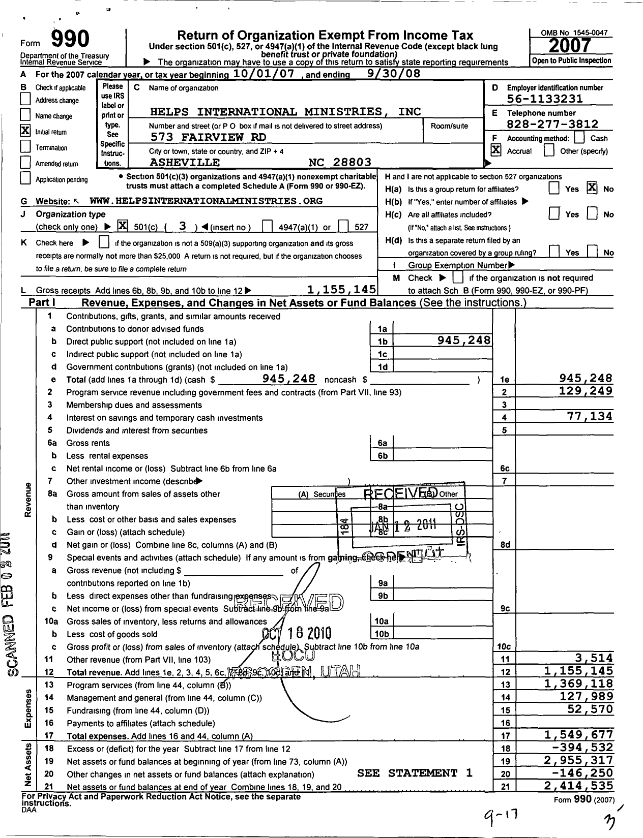 Image of first page of 2007 Form 990 for Helps International Ministries