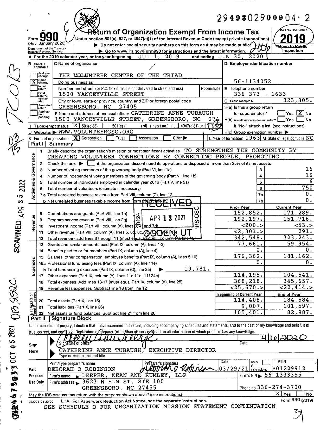 Image of first page of 2019 Form 990 for The Volunteer Center of the Triad