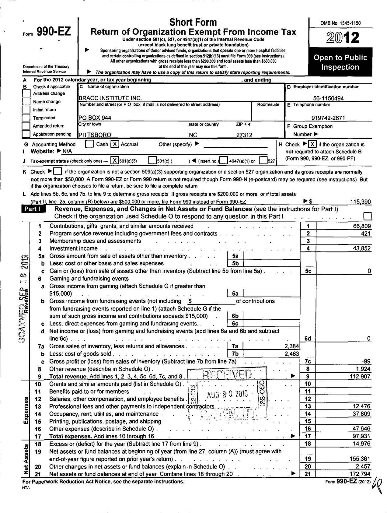 Image of first page of 2012 Form 990EZ for Bracc Institute