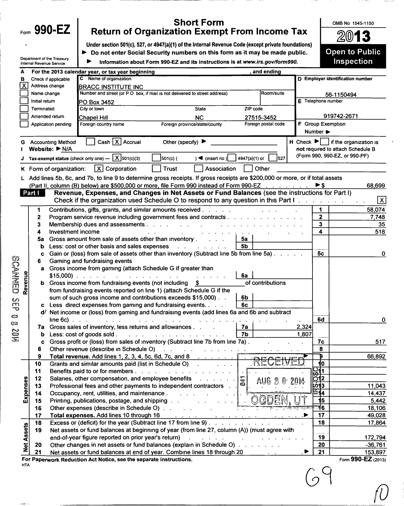 Image of first page of 2013 Form 990EZ for Bracc Institute