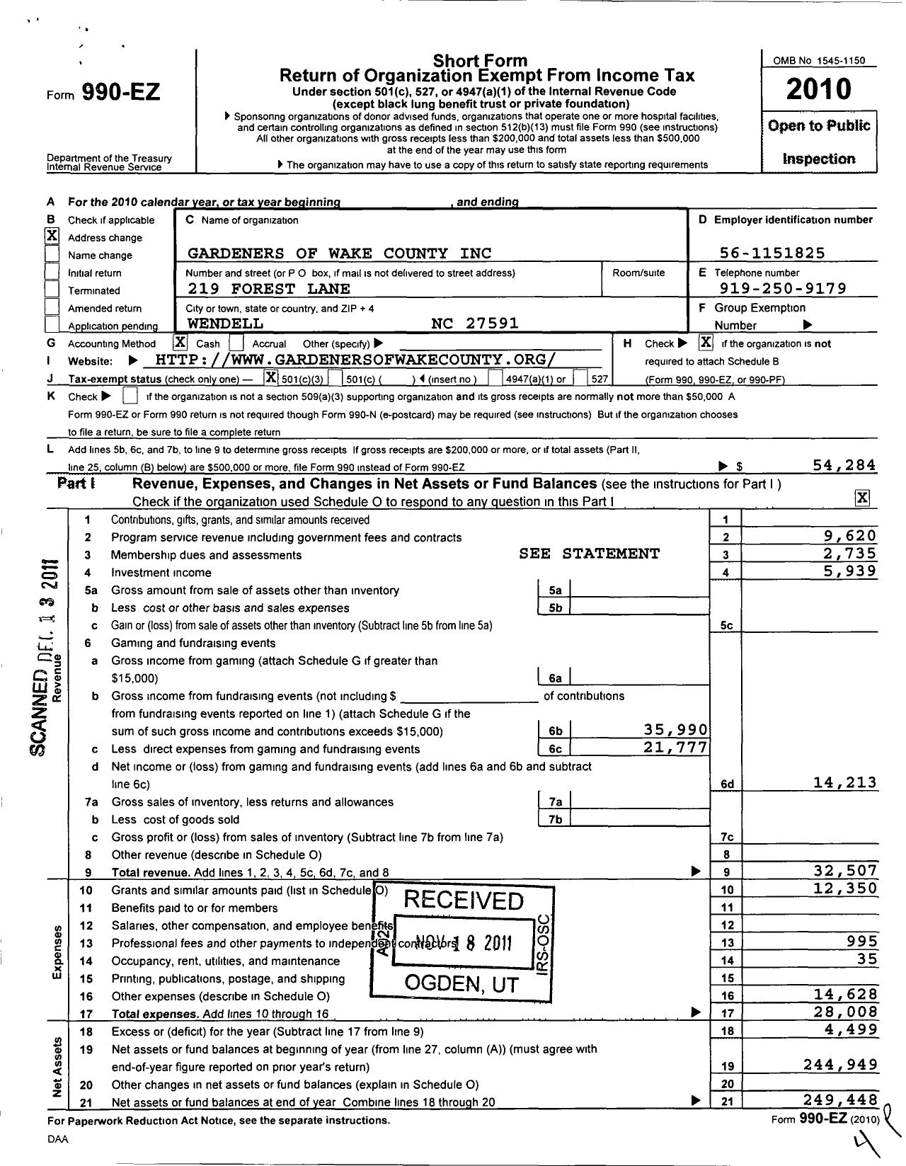 Image of first page of 2010 Form 990EZ for Gardeners of Wake County