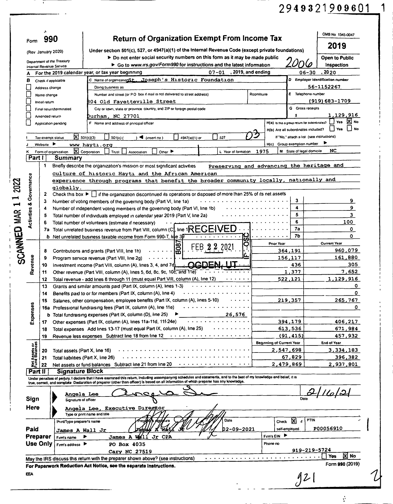 Image of first page of 2019 Form 990 for St Josephs Historic Foundation