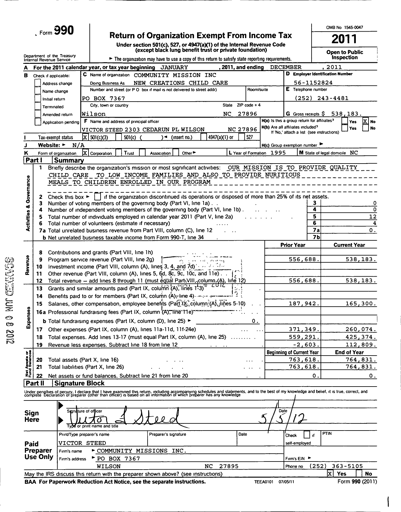 Image of first page of 2011 Form 990 for Community Mission / New Creations Child Care