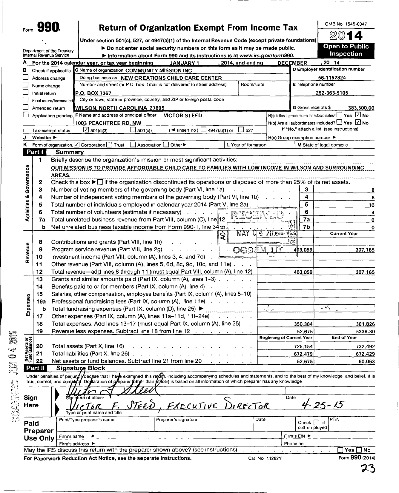 Image of first page of 2014 Form 990 for Community Mission / New Creations Child Care