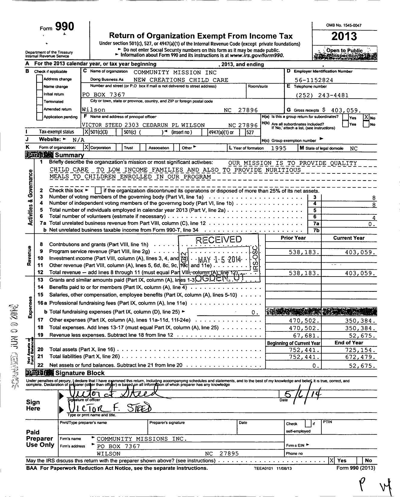 Image of first page of 2013 Form 990 for Community Mission / New Creations Child Care