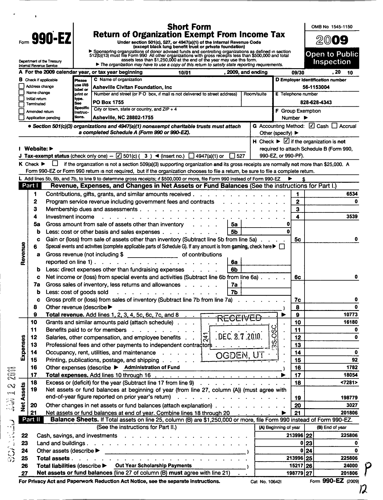 Image of first page of 2009 Form 990EZ for Asheville Civitan Foundation