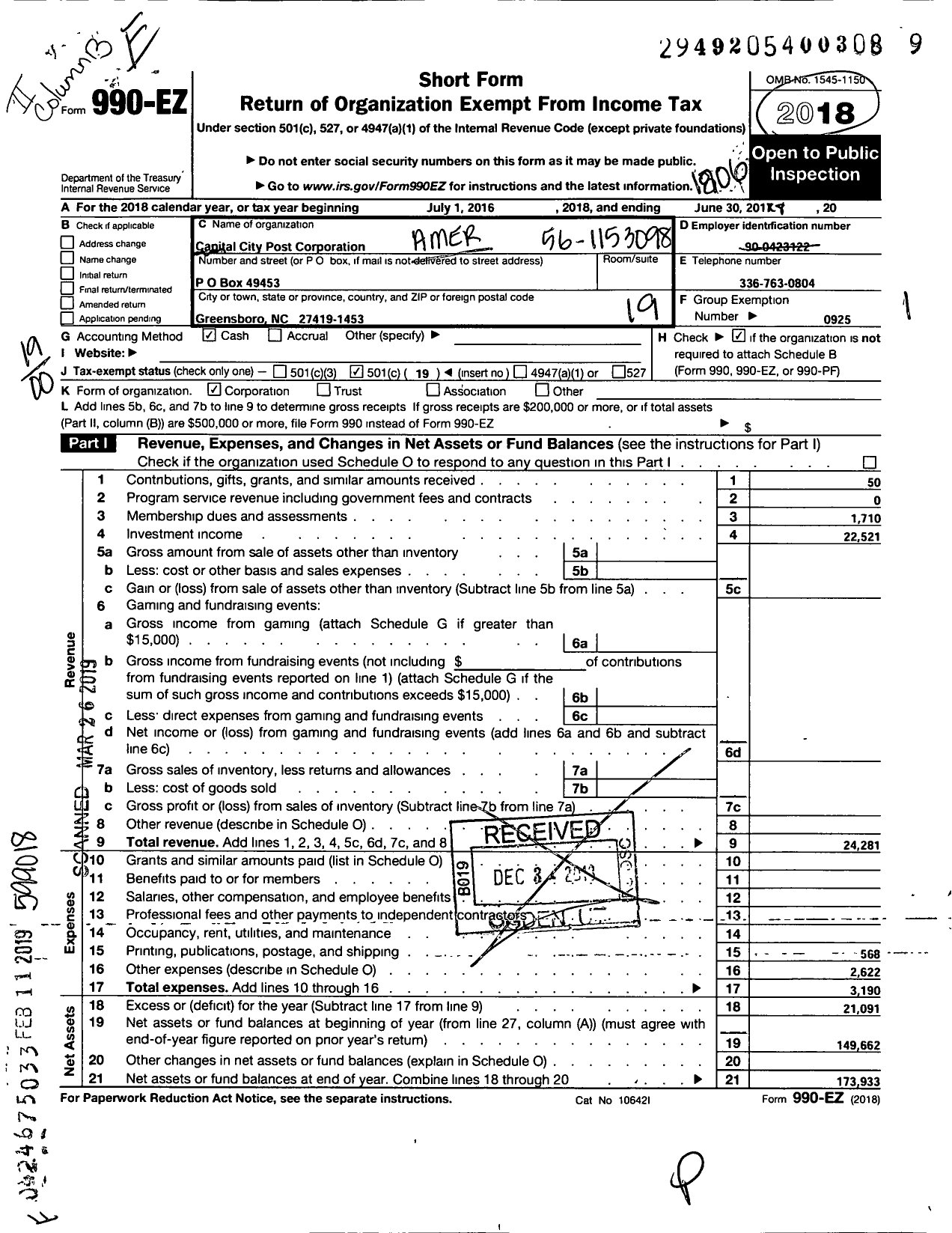 Image of first page of 2017 Form 990EO for American Legion - 0297 Capital City