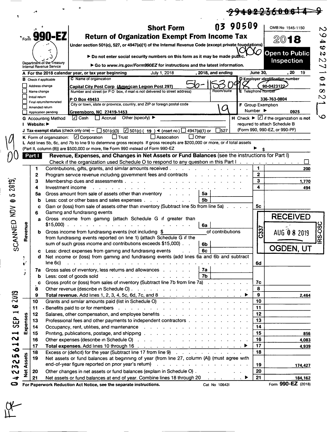 Image of first page of 2018 Form 990EO for American Legion - 0297 Capital City