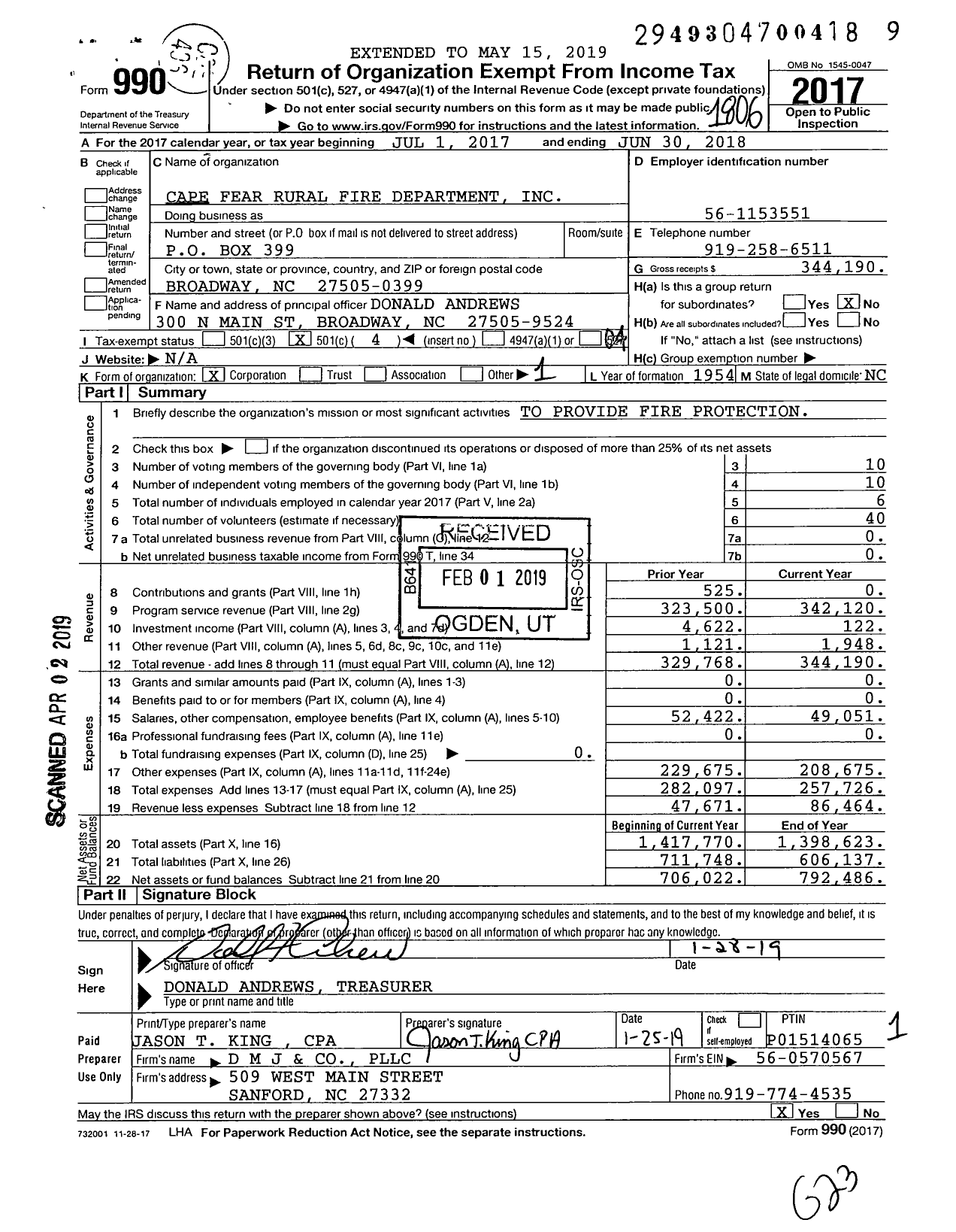 Image of first page of 2017 Form 990O for Cape Fear Rural Fire Department