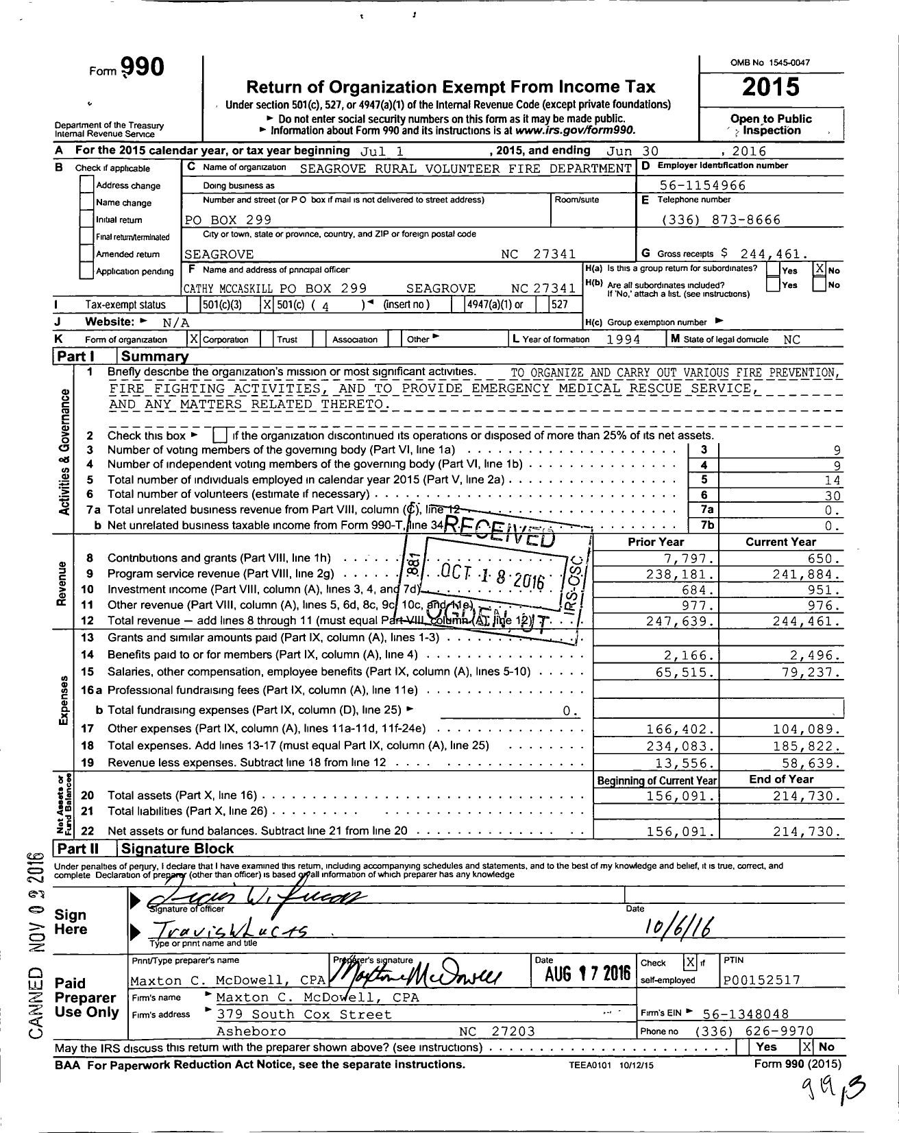 Image of first page of 2015 Form 990O for Seagrove Rural Volunteer Fire Department