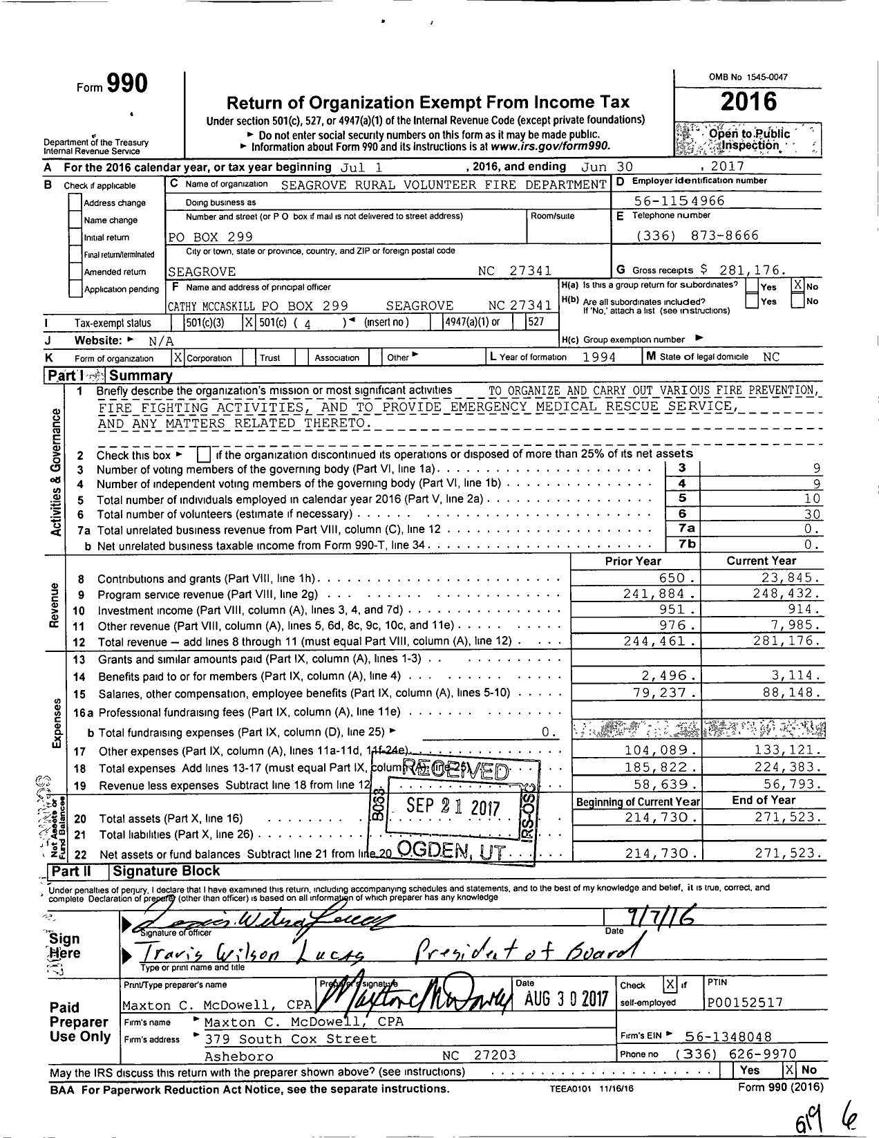 Image of first page of 2016 Form 990O for Seagrove Rural Volunteer Fire Department