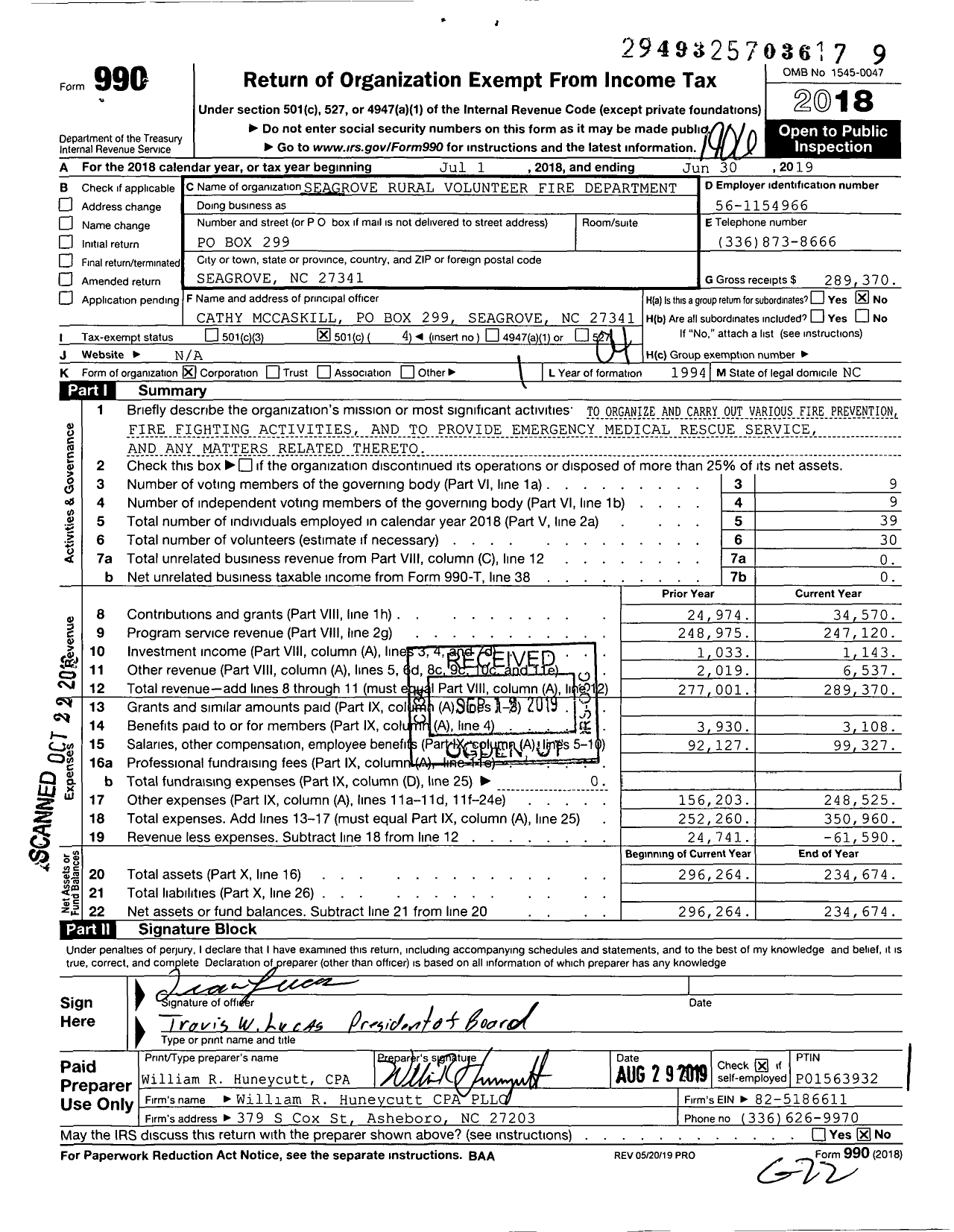 Image of first page of 2018 Form 990O for Seagrove Rural Volunteer Fire Department