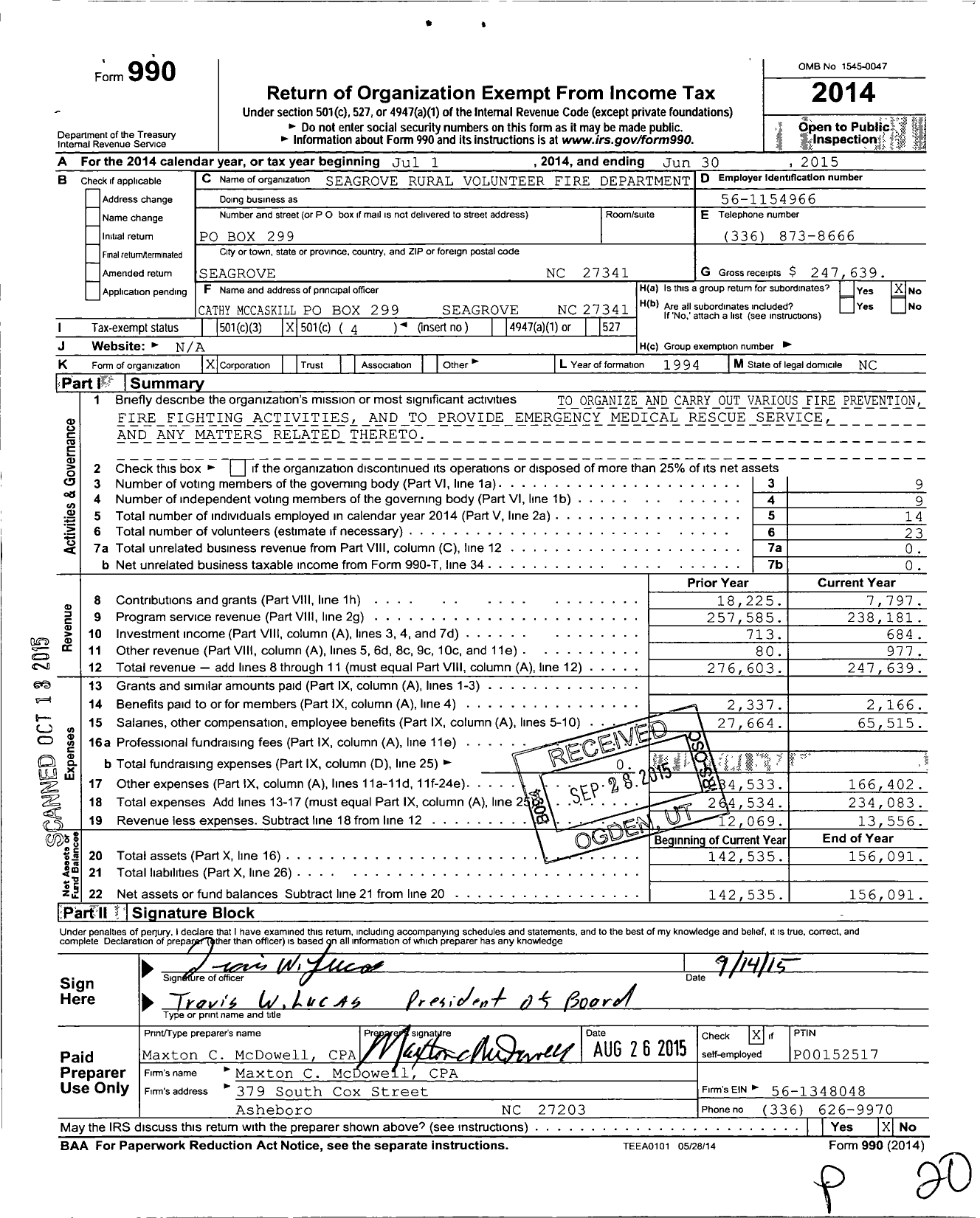 Image of first page of 2014 Form 990O for Seagrove Rural Volunteer Fire Department