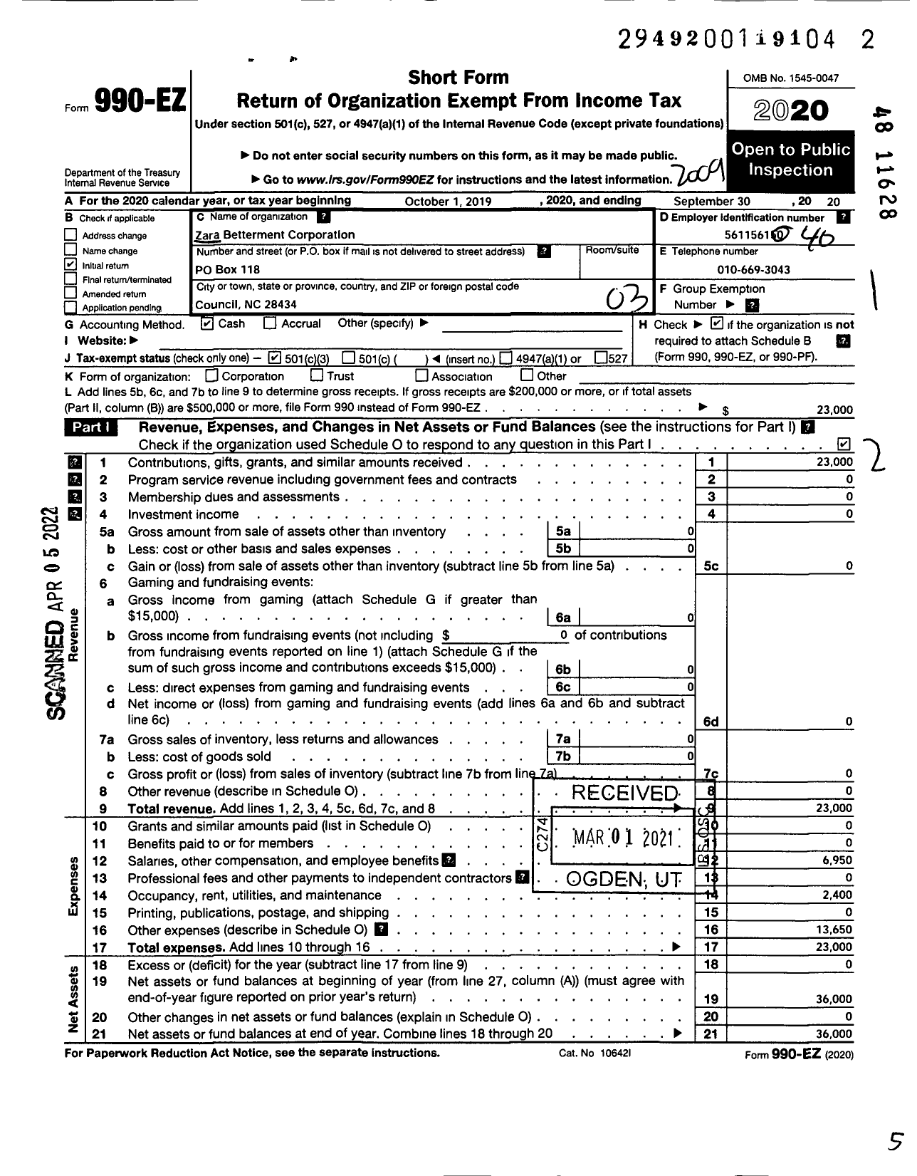 Image of first page of 2019 Form 990EZ for Zara Betterment Corporation