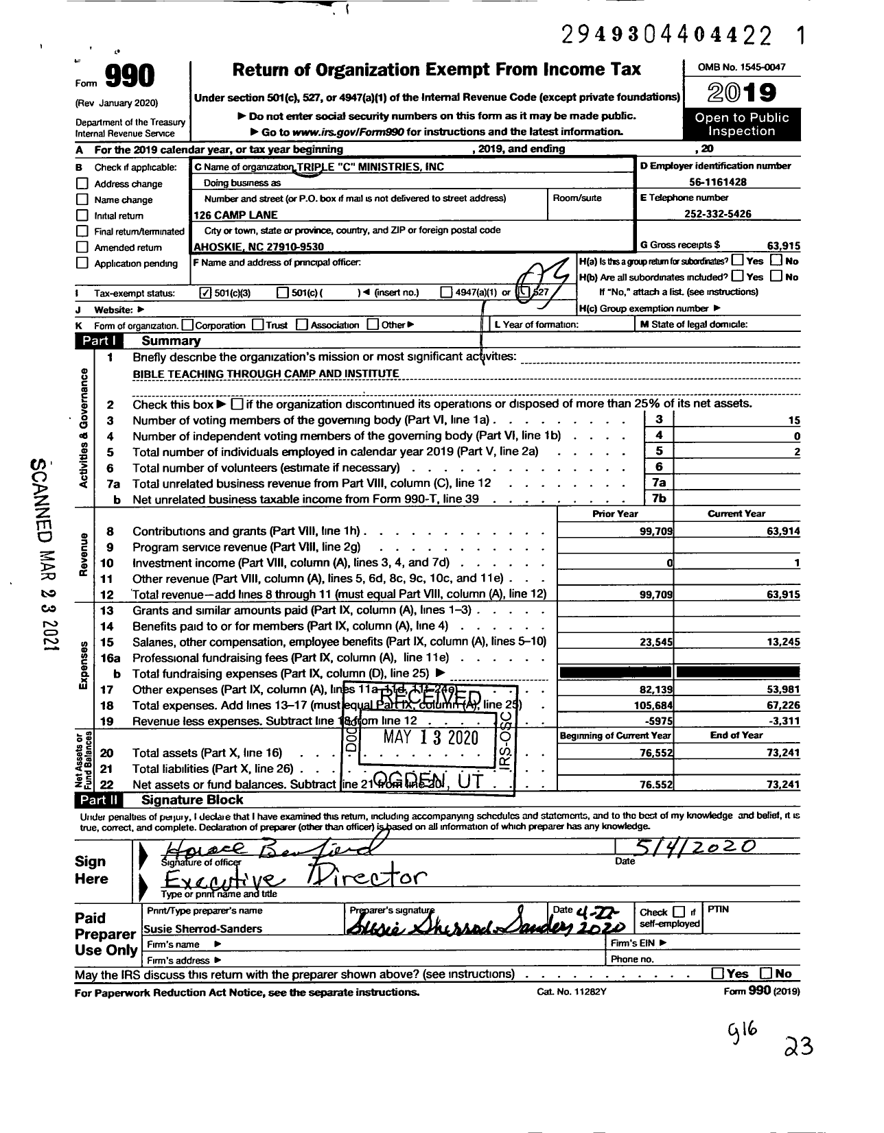 Image of first page of 2019 Form 990 for Triple C Ministries