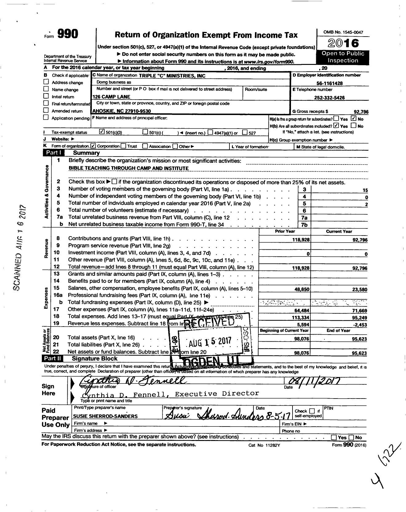 Image of first page of 2016 Form 990 for Triple C Ministries