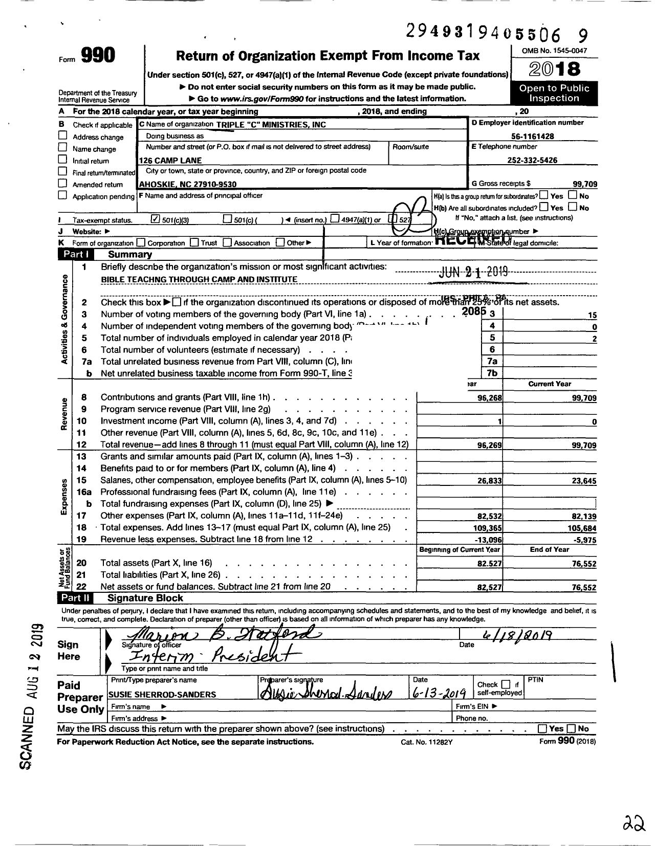 Image of first page of 2018 Form 990 for Triple C Ministries