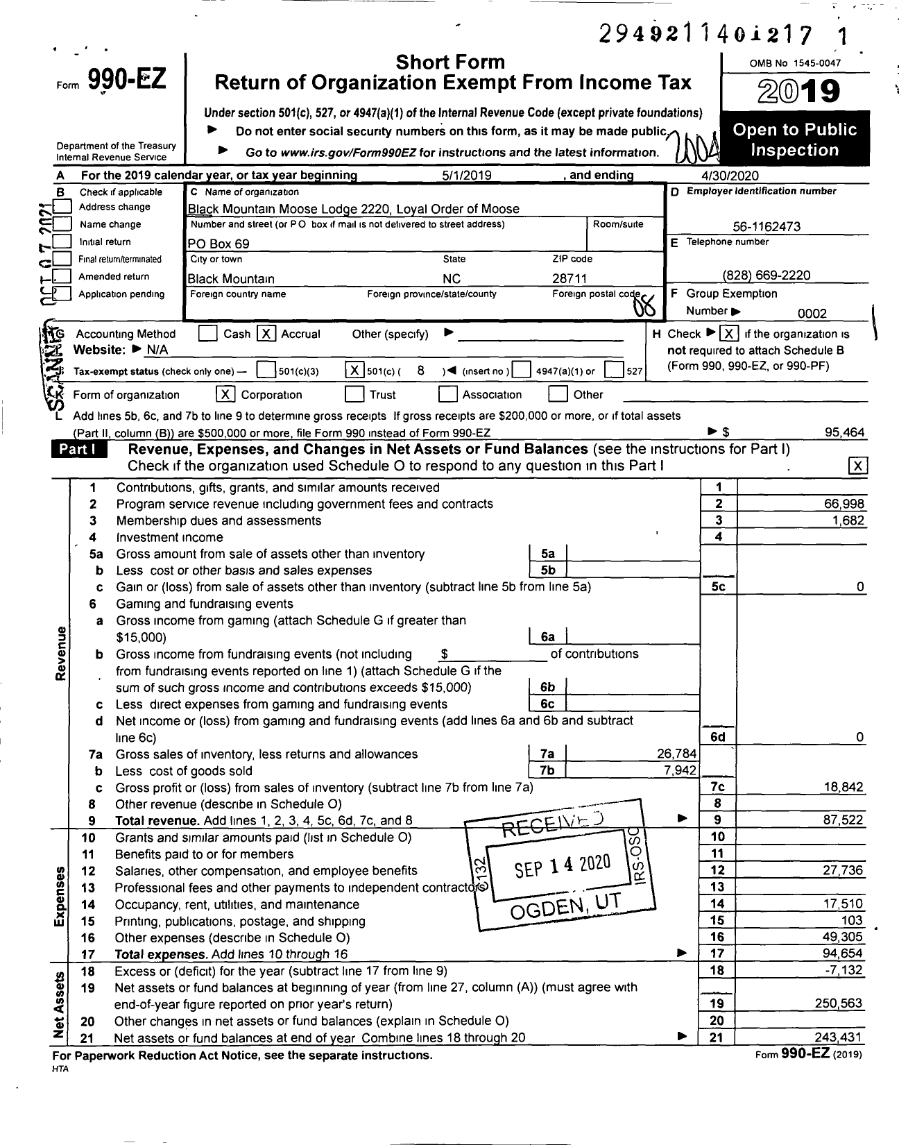 Image of first page of 2019 Form 990EO for Loyal Order of Moose - 2220