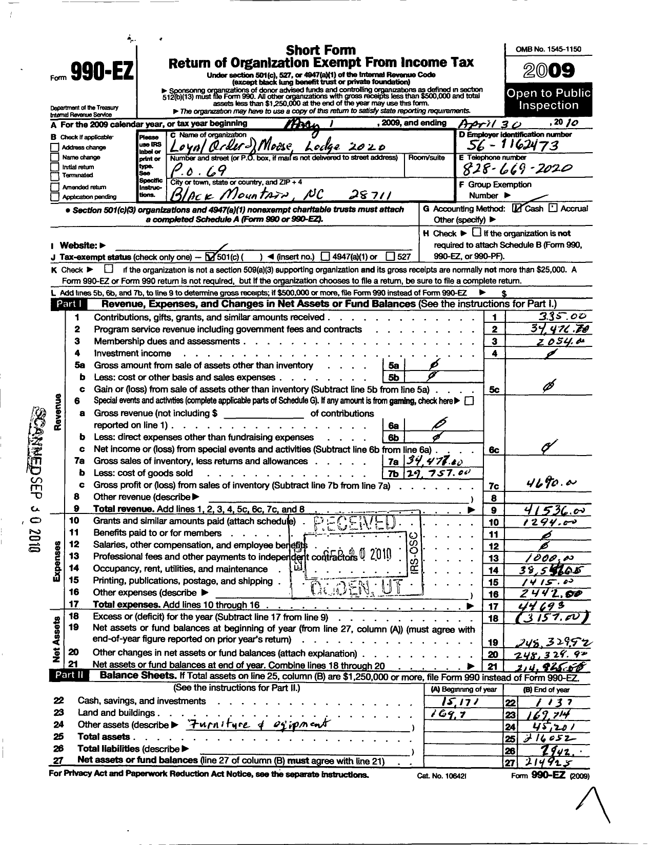 Image of first page of 2009 Form 990EO for Loyal Order of Moose - 2220