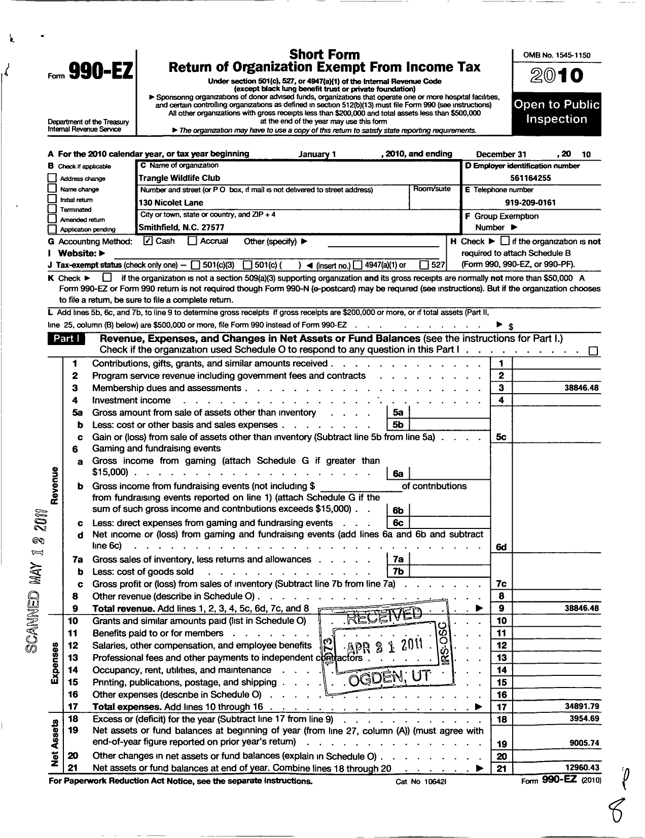 Image of first page of 2010 Form 990EZ for Triangle Wildlife Club