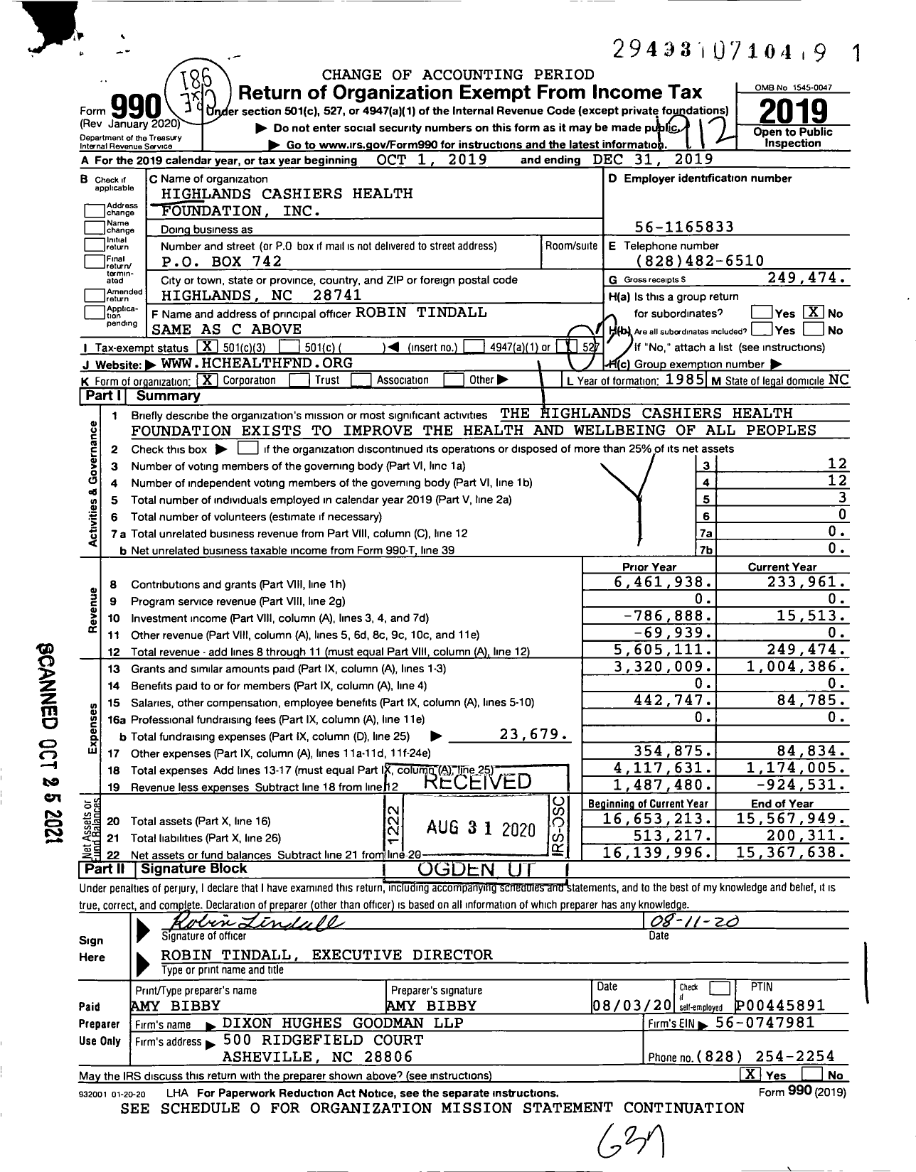 Image of first page of 2019 Form 990 for Highlands Cashiers Health Foundation