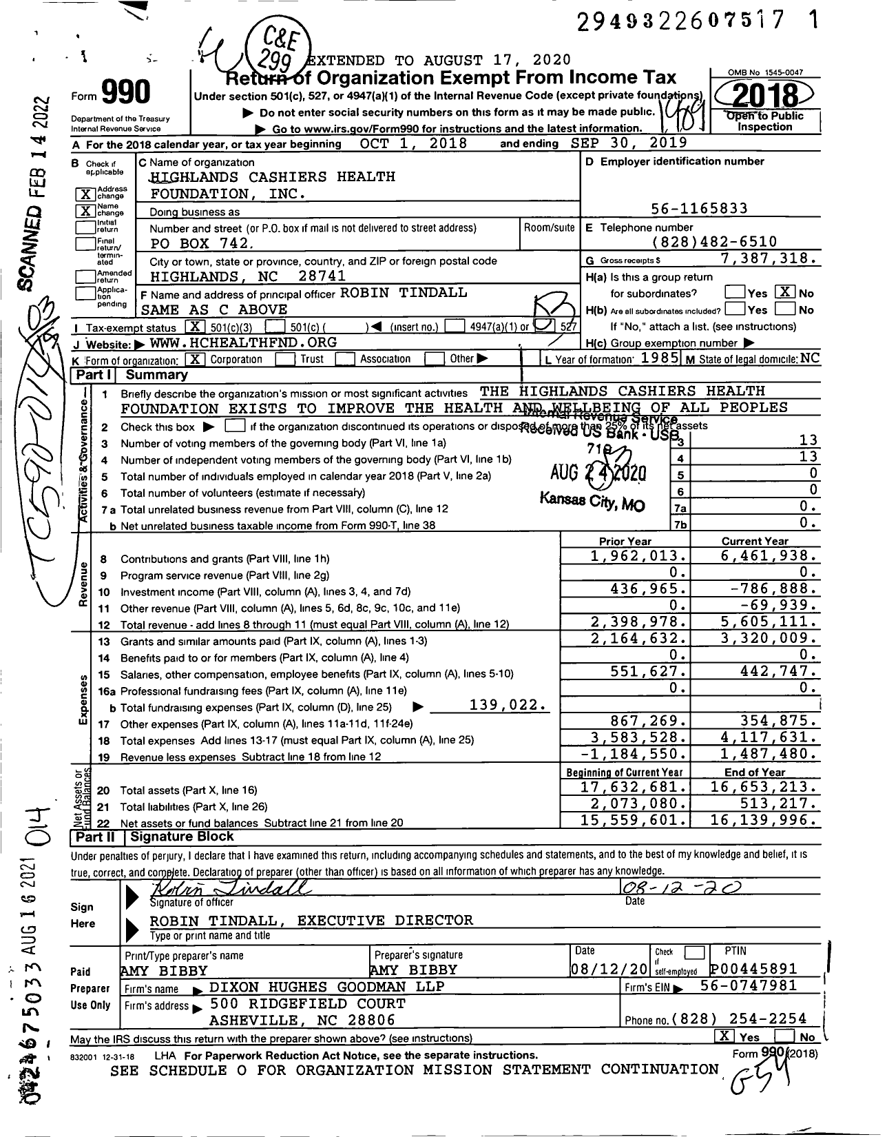 Image of first page of 2018 Form 990 for Highlands Cashiers Health Foundation